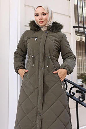 Fermuarlı Kapşonlu Kapitone Mont Haki 19277