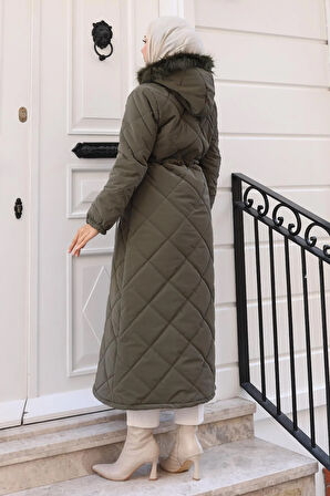 Fermuarlı Kapşonlu Kapitone Mont Haki 19277