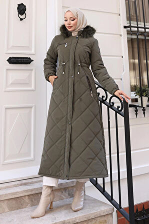 Fermuarlı Kapşonlu Kapitone Mont Haki 19277