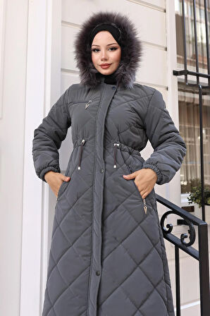 Fermuarlı Kapşonlu Kapitone Mont Gri 19277