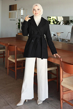 Düğme Detaylı Kaşe Kaban Siyah 19274