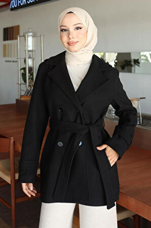 Düğme Detaylı Kaşe Kaban Siyah 19274