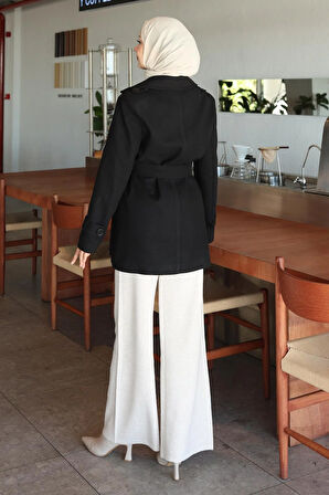 Düğme Detaylı Kaşe Kaban Siyah 19274