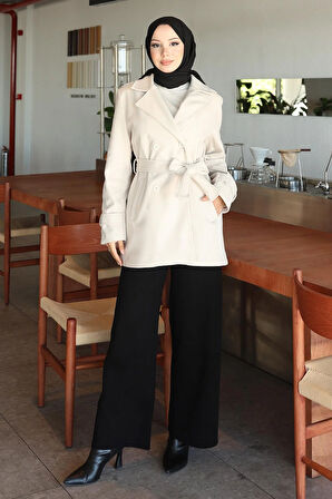 Düğme Detaylı Kaşe Kaban Bej 19274