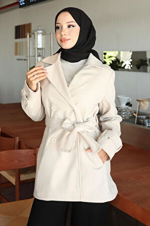 Düğme Detaylı Kaşe Kaban Bej 19274
