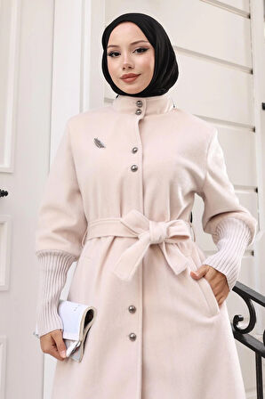 Broş Detaylı Kaban Bej 19279