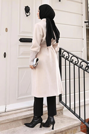 Broş Detaylı Kaban Bej 19279