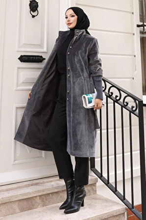 Broş Detaylı Kaban Gri 19279