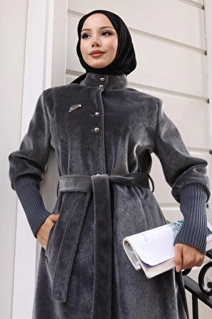 Broş Detaylı Kaban Gri 19279