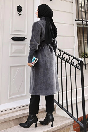 Broş Detaylı Kaban Gri 19279