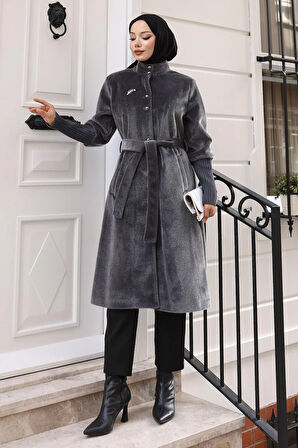 Broş Detaylı Kaban Gri 19279