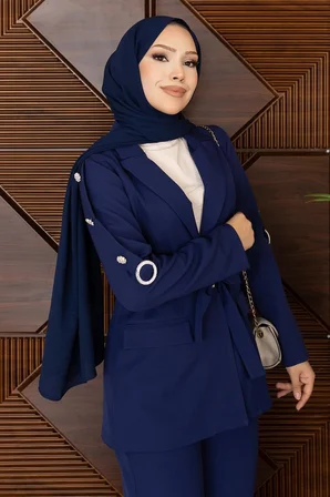 Kruvaze Yaka Düğme Detaylı Takım İndigo 19297