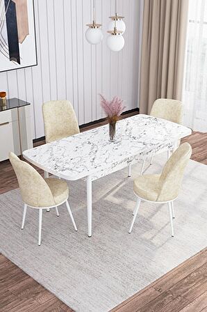 Rovena Bade Beyaz Mermer 70x114 Açılabilir Mdf Yemek Odası Takımı 4 Adet Sandalye