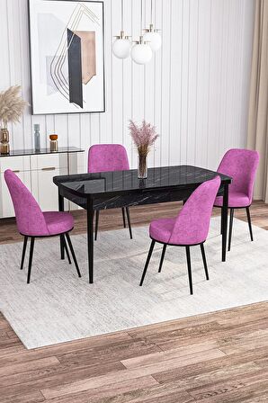 Rovena Bade Siyah Mermer 70x114 Açılabilir Mdf Yemek Odası Takımı 4 Adet Sandalye