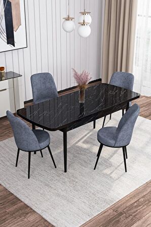 Rovena Bade Siyah Mermer 70x114 Açılabilir Mdf Yemek Odası Takımı 4 Adet Sandalye