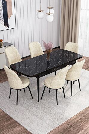 Rovena Bade Siyah Mermer 70x114 Açılabilir Mdf Yemek Odası Takımı 6 Adet Sandalye