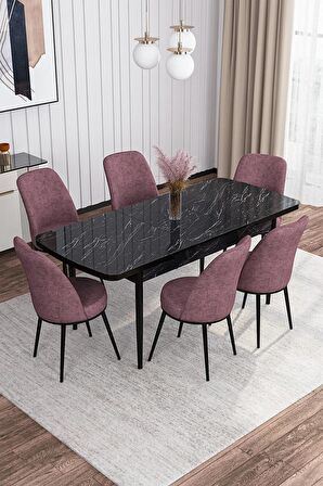 Rovena Bade Siyah Mermer 70x114 Açılabilir Mdf Yemek Odası Takımı 6 Adet Sandalye