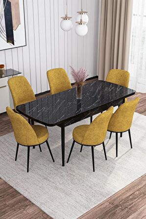 Rovena Bade Siyah Mermer 70x114 Açılabilir Mdf Yemek Odası Takımı 6 Adet Sandalye