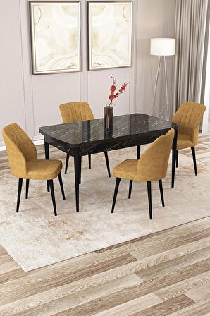 Rovena Lora Siyah Mermer 70x114 Açılabilir Mdf Yemek Odası Takımı 4 Adet Sandalye