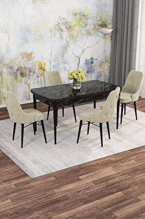 Rovena Rose  Siyah Mermer 70x114 Açılabilir Mdf Mutfak Masası Takımı 4 Adet Sandalye