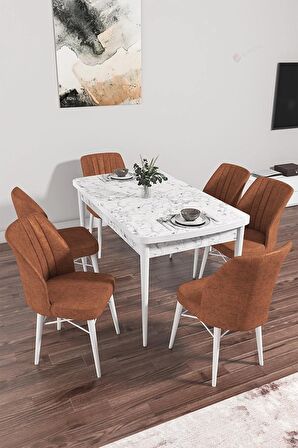 Rovena Alto Beyaz Mermer 70x114 Açılabilir Suntalam Yemek Odası Takımı 6 Adet Sandalye