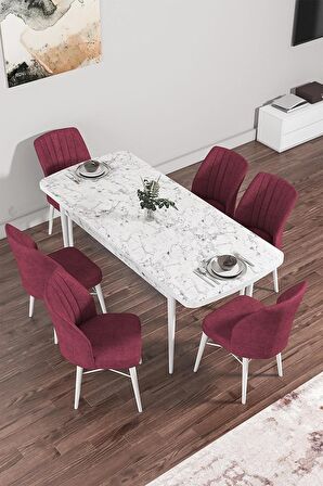 Rovena Alto Beyaz Mermer 70x114 Açılabilir Suntalam Yemek Odası Takımı 6 Adet Sandalye
