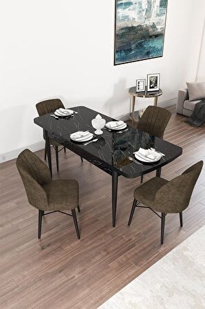 Rovena Alto Siyah Mermer 70x114 Açılabilir Suntalam Yemek Odası Takımı 4 Adet Sandalye