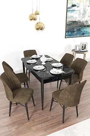 Rovena Alto Siyah Mermer 70x114 Açılabilir Suntalam Yemek Odası Takımı 6 Adet Sandalye