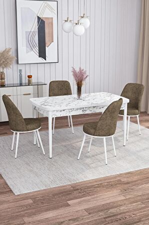 Rovena Sona Beyaz Mermer 70x114 Açılabilir Suntalam Yemek Odası Takımı 4 Adet Sandalye