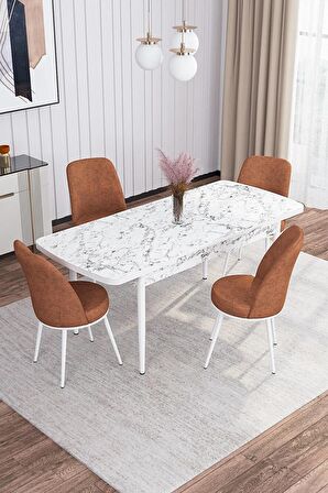Rovena Sona Beyaz Mermer 70x114 Açılabilir Suntalam Yemek Odası Takımı 4 Adet Sandalye