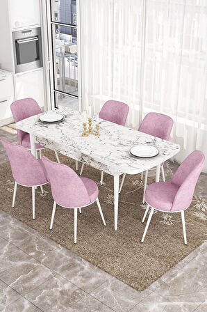 Rovena Sona Beyaz Mermer 70x114 Açılabilir Suntalam Yemek Odası Takımı 6 Adet Sandalye