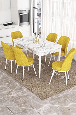 Rovena Sona Beyaz Mermer 70x114 Açılabilir Suntalam Yemek Odası Takımı 6 Adet Sandalye