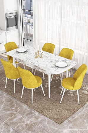 Rovena Sona Beyaz Mermer 70x114 Açılabilir Suntalam Yemek Odası Takımı 6 Adet Sandalye