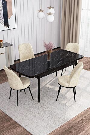 Rovena Sona Siyah Mermer 70x114 Açılabilir Suntalam Yemek Odası Takımı 4 Adet Sandalye