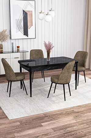Rovena Sona Siyah Mermer 70x114 Açılabilir Suntalam Yemek Odası Takımı 4 Adet Sandalye