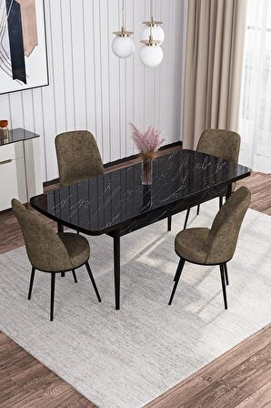 Rovena Sona Siyah Mermer 70x114 Açılabilir Suntalam Yemek Odası Takımı 4 Adet Sandalye