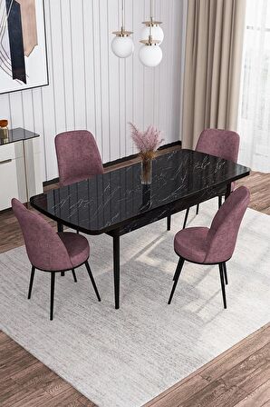 Rovena Sona Siyah Mermer 70x114 Açılabilir Suntalam Yemek Odası Takımı 4 Adet Sandalye