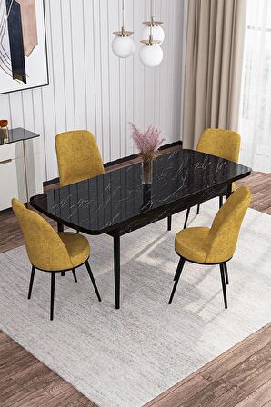 Rovena Sona Siyah Mermer 70x114 Açılabilir Suntalam Yemek Odası Takımı 4 Adet Sandalye