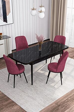 Rovena Sona Siyah Mermer 70x114 Açılabilir Suntalam Yemek Odası Takımı 4 Adet Sandalye