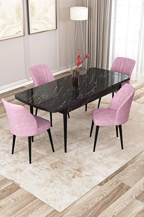 Rovena Lucca Siyah Mermer 70x114 Açılabilir Suntalam Yemek Odası Takımı 4 Adet Sandalye