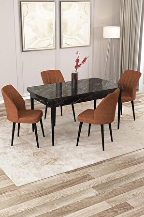 Rovena Lucca Siyah Mermer 70x114 Açılabilir Suntalam Yemek Odası Takımı 4 Adet Sandalye