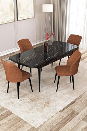 Rovena Lucca Siyah Mermer 70x114 Açılabilir Suntalam Yemek Odası Takımı 4 Adet Sandalye