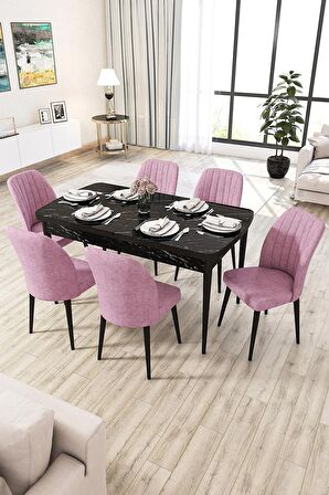 Rovena Lucca Siyah Mermer 70x114 Açılabilir Suntalam Yemek Odası Takımı 6 Adet Sandalye