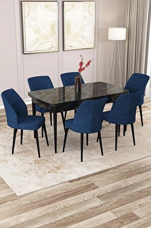 Rovena Lucca Siyah Mermer 70x114 Açılabilir Suntalam Yemek Odası Takımı 6 Adet Sandalye