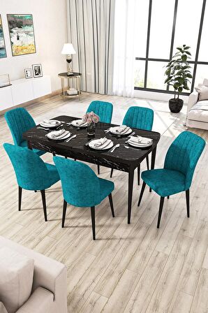Rovena Lucca Siyah Mermer 70x114 Açılabilir Suntalam Yemek Odası Takımı 6 Adet Sandalye