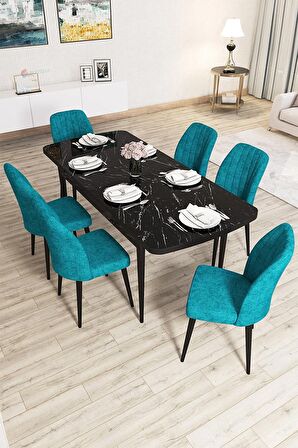 Rovena Lucca Siyah Mermer 70x114 Açılabilir Suntalam Yemek Odası Takımı 6 Adet Sandalye
