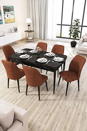 Rovena Lucca Siyah Mermer 70x114 Açılabilir Suntalam Yemek Odası Takımı 6 Adet Sandalye