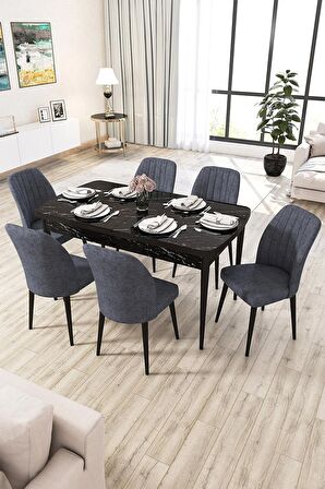 Rovena Lucca Siyah Mermer 70x114 Açılabilir Suntalam Yemek Odası Takımı 6 Adet Sandalye