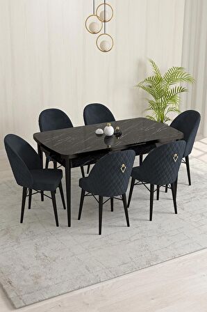Rovena Liora Siyah Mermer 70x114 Açılabilir Mdf Mutfak Masası Takımı 6 Adet Sandalye