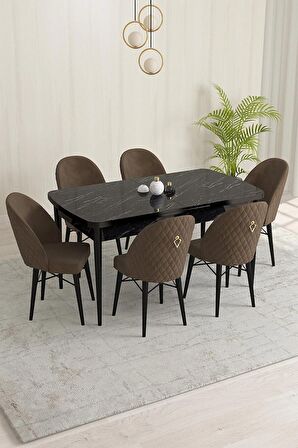 Rovena Liora Siyah Mermer 70x114 Açılabilir Mdf Mutfak Masası Takımı 6 Adet Sandalye